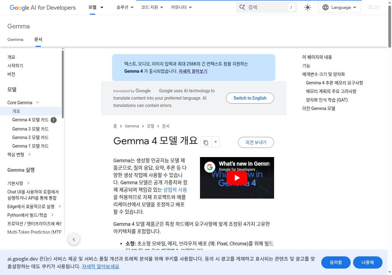 Google AI Developers Gemma 4 문서 페이지
